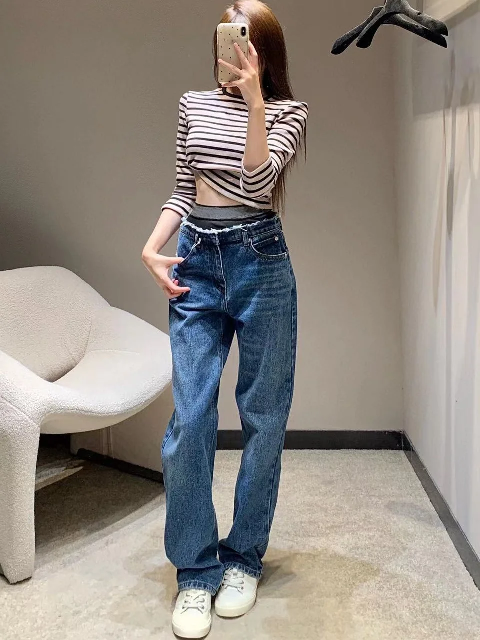 

High Waist Straight Leg Jeans Double Waist Effect Long Hair Casual Sle Autumn New Arrival Women's Loose Fit Jeans