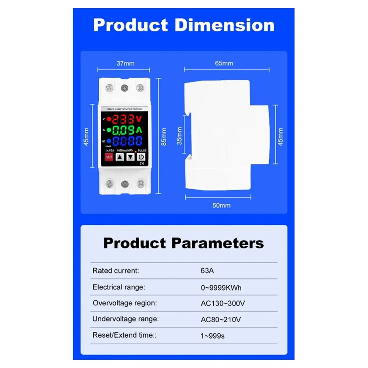 NEW New 63A Adjustable 3in1 over Voltage and Under Voltage Protective Device Protector Relay over Current Protection Limit