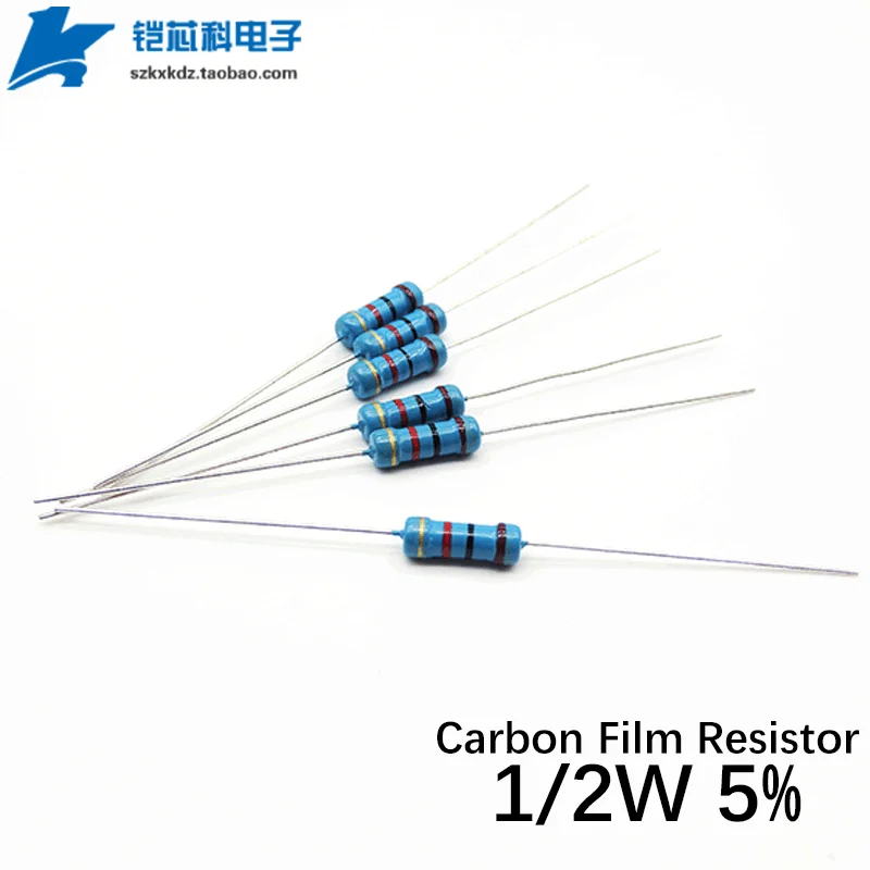 50Pcs 1/2W 0.5W Carbon Film Resistor 5% 1R-1M 10R 20R 22R 100R  180R 1K 10K 100K 120K Ohm Color Ring Resistance