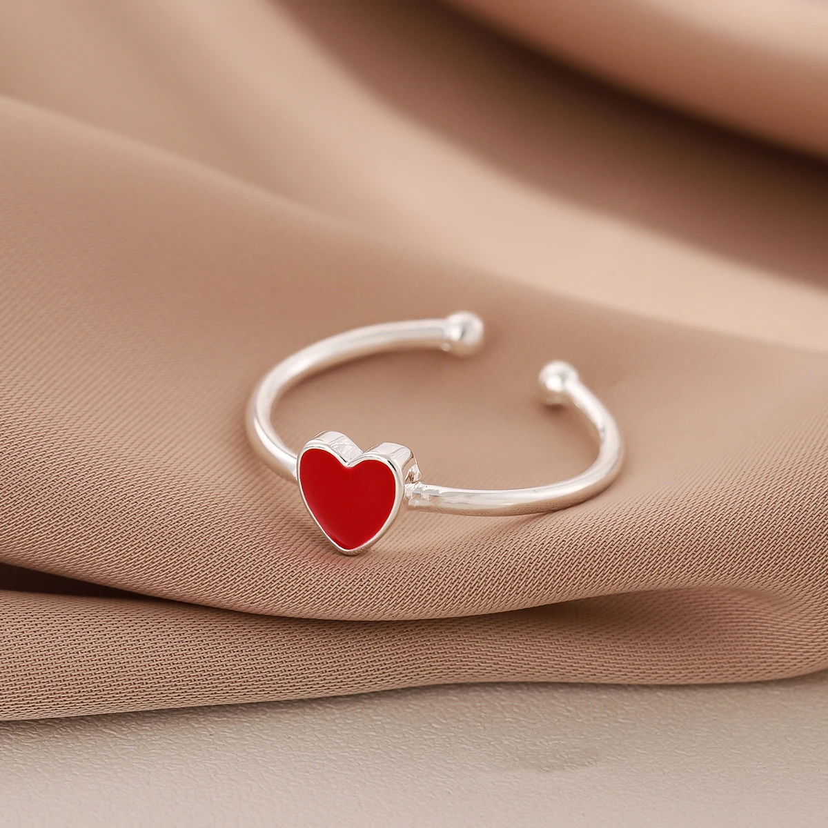 Women's 925 Sterling Silver Red Enamel Love Peach Heart Opening Ring