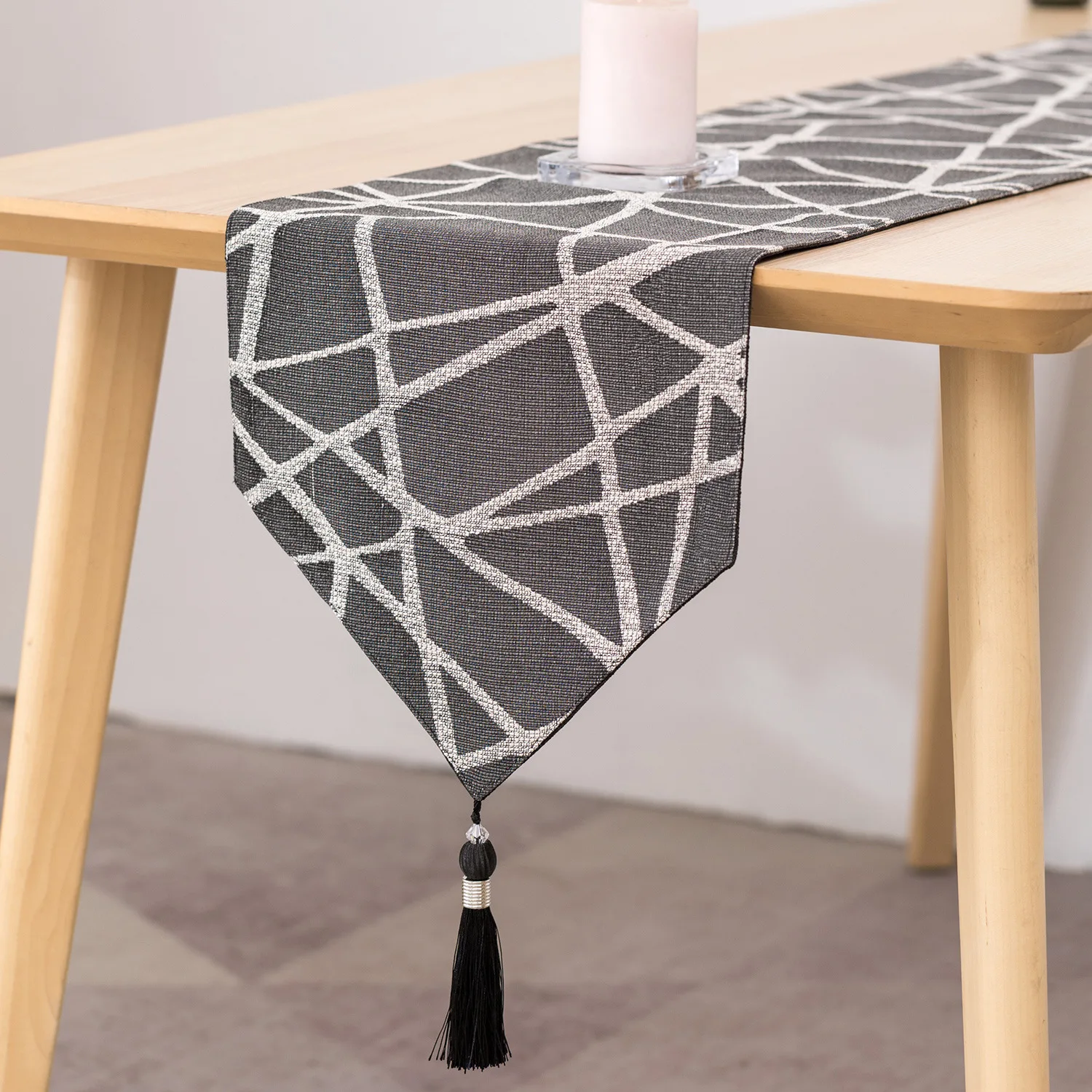 Modern Table Runner with Tassel, Cotton Jacquard, Double Layer, Gray and White, Geometry Collection for Room Dresser