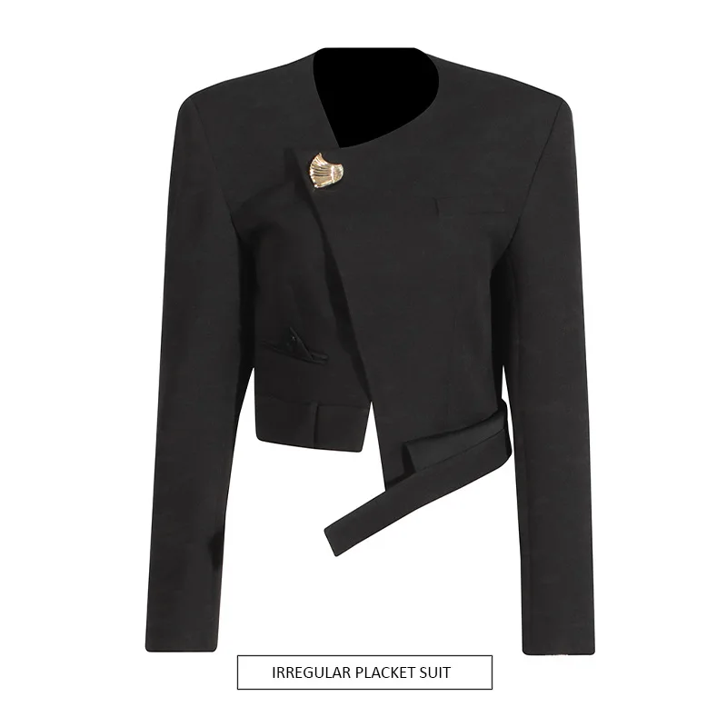 

Fashion temperament, high-end small suit 2025 new round neck solid color side buckle beveled short blazer women's summer
