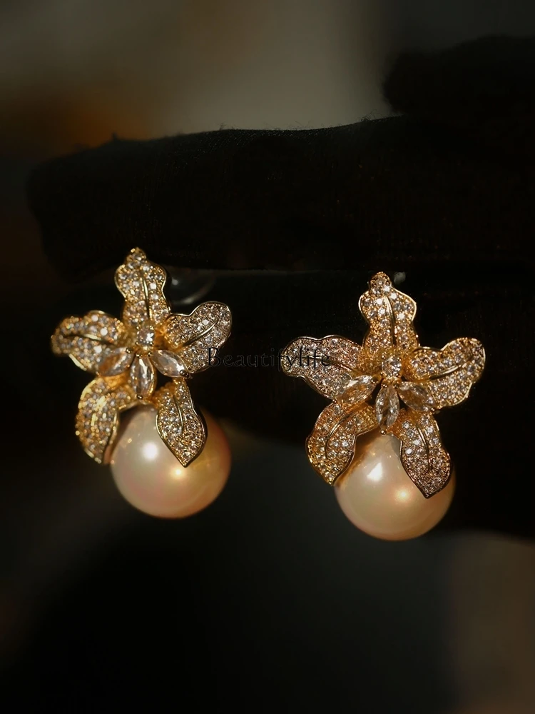 Lily Full Diamond Earrings High-Grade Light Luxury Pearl Flower Graceful Earrings