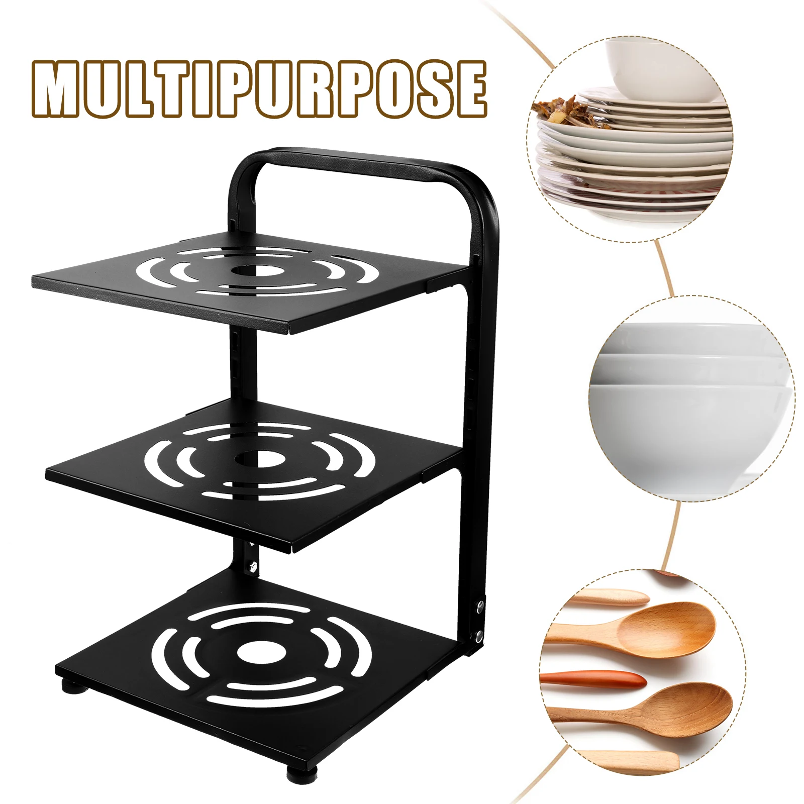 

3-Tier Adjustable Pot Organizer Rack Multipurpose Carbon Steel Kitchen Countertop Pan Storage Holder Heavy Duty
