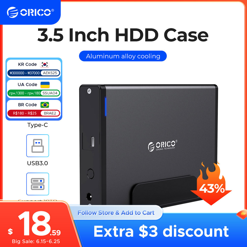 ORICO 3.5 inch HDD Case Type-C & USB3.0 Hard Drive Enclosure SATA to USB 3.1 External Hard Drive Reader for 2.5/3.5'' HDD