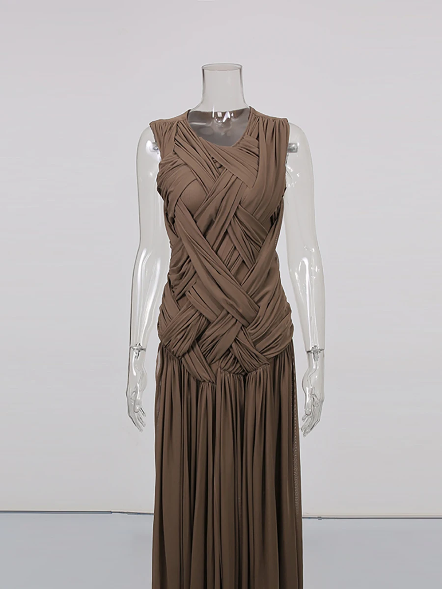 TWOTWINSTYLE Solid Sheer Spliced ตาข่ายแฟชั่นชุดผู้หญิงรอบคอแยกอารมณ์ชุดเสื้อผ้าหญิงใหม่