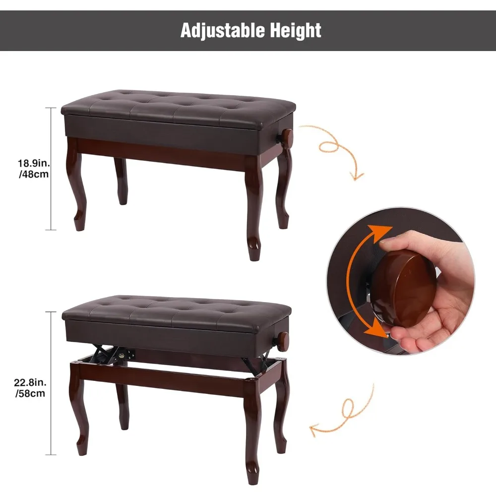 収納付きデュエットピアノベンチ、頑丈な木製ダブルキーボードピアノベンチシート、PUレザークッション付き、ブラウン