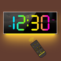 Large Screen Remote Control Wall Alarm Clock with Ambient Light Color Changing Digital RGB LED Wall Clock for Livingroom/Bedroom