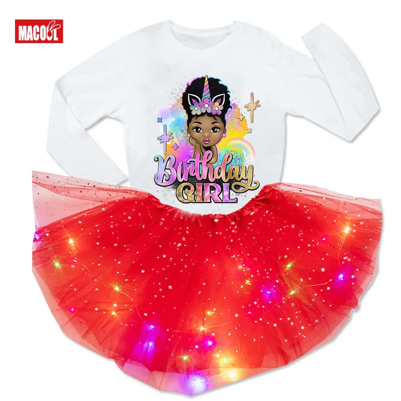 

Birthday Girls Dress Princess 6 Years Afro Girl Unicorn Party Light Tutu Suits Black Girl Birthday Outfits Long Sleeved T-shirt