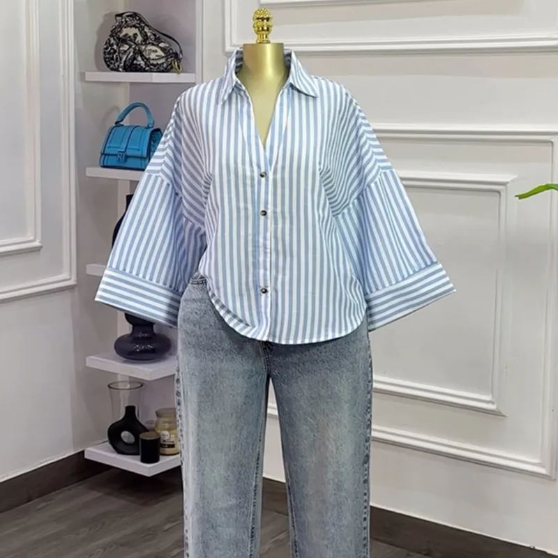 بلوزات قميص نسائي بياقة مقلوبة وأكمام كاملة مخطط Y2k ملابس الشارع الشهير قمصان أنيقة لصق عمل فضفاض غير رسمي لخريف 2025