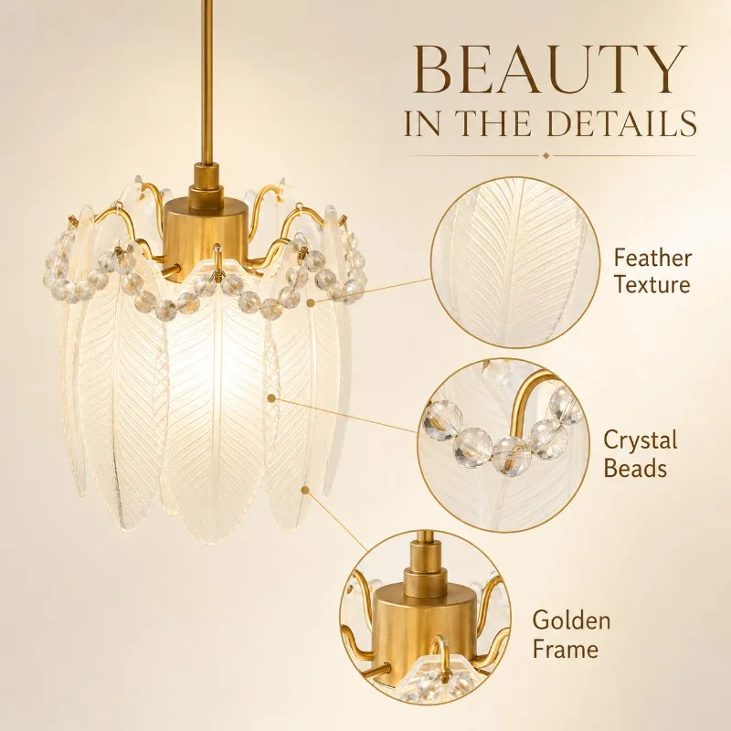 Modern French Feather Crystal Pendant Light Brass Tone LED Hanging Lamp for Bedroom Bedside Dining Room Hallway Balcony Decor