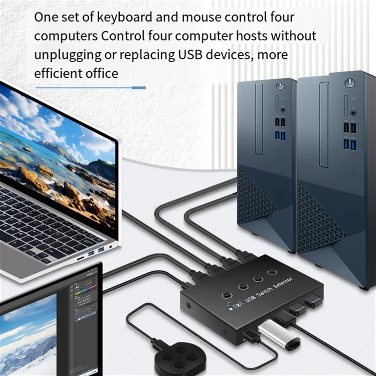 A10I USB Switcher 4 Computer Sharing 4 USB Devices Printer, Scanner, Mouse, Keyboard, with 4 Pack USB 3.0 Cables