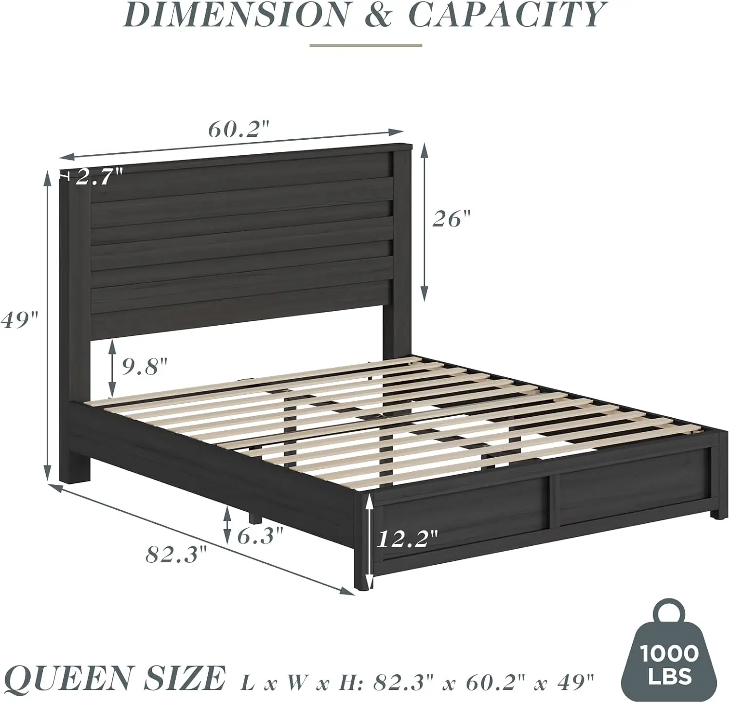 Bedroom Use, Wood, Black, Easy Assembly and No Box Spring Needed Queen Size Farmhouse Bed Frame