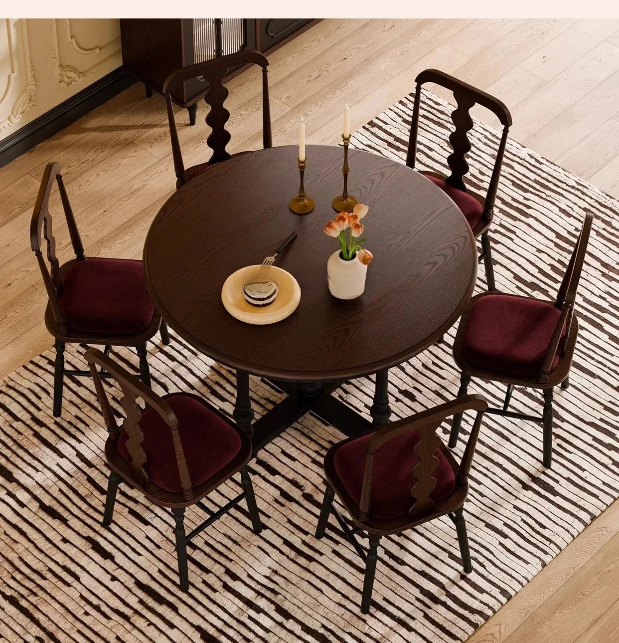 

French round table dining table retro solid wood household small apartment medium and ancient style simple, dining