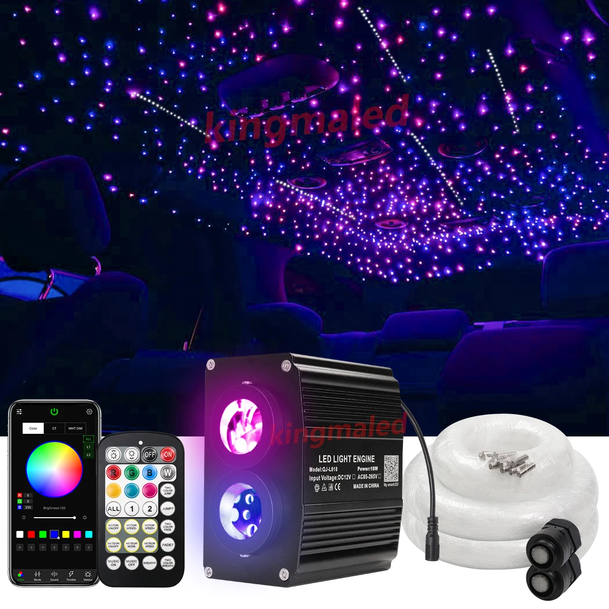 Dual Port 18W RGBW Fiber Optic Star Ceiling Light Kit Twinkle Meteor 2 in 1 APP  Shooting Star Lights for Car Starry Sky Ceiling
