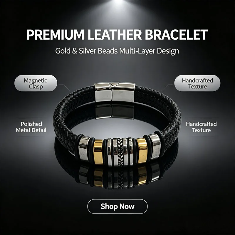 CSL068 Trending Mens Braided Leather Bracelet Steel Gold Design, In Stock Fast Shipping, Must-Have Fashion Wrist Accessory