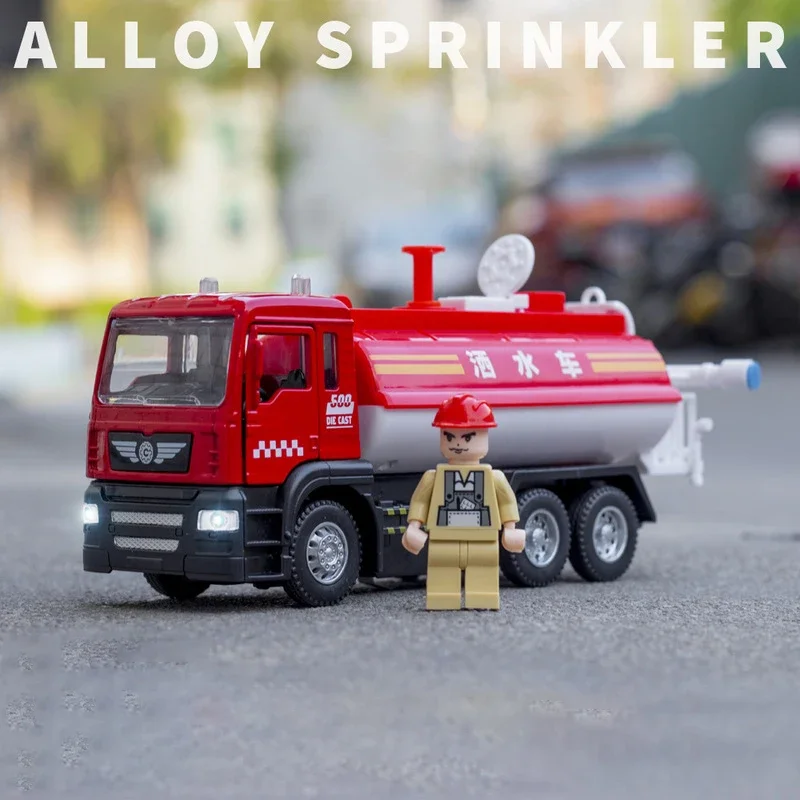 High Simulation 1:50 Alloy Pull Back Water Tank Fire Truck Model,sprinkler Truck Toy,simulation Sound and Light,free Shipping