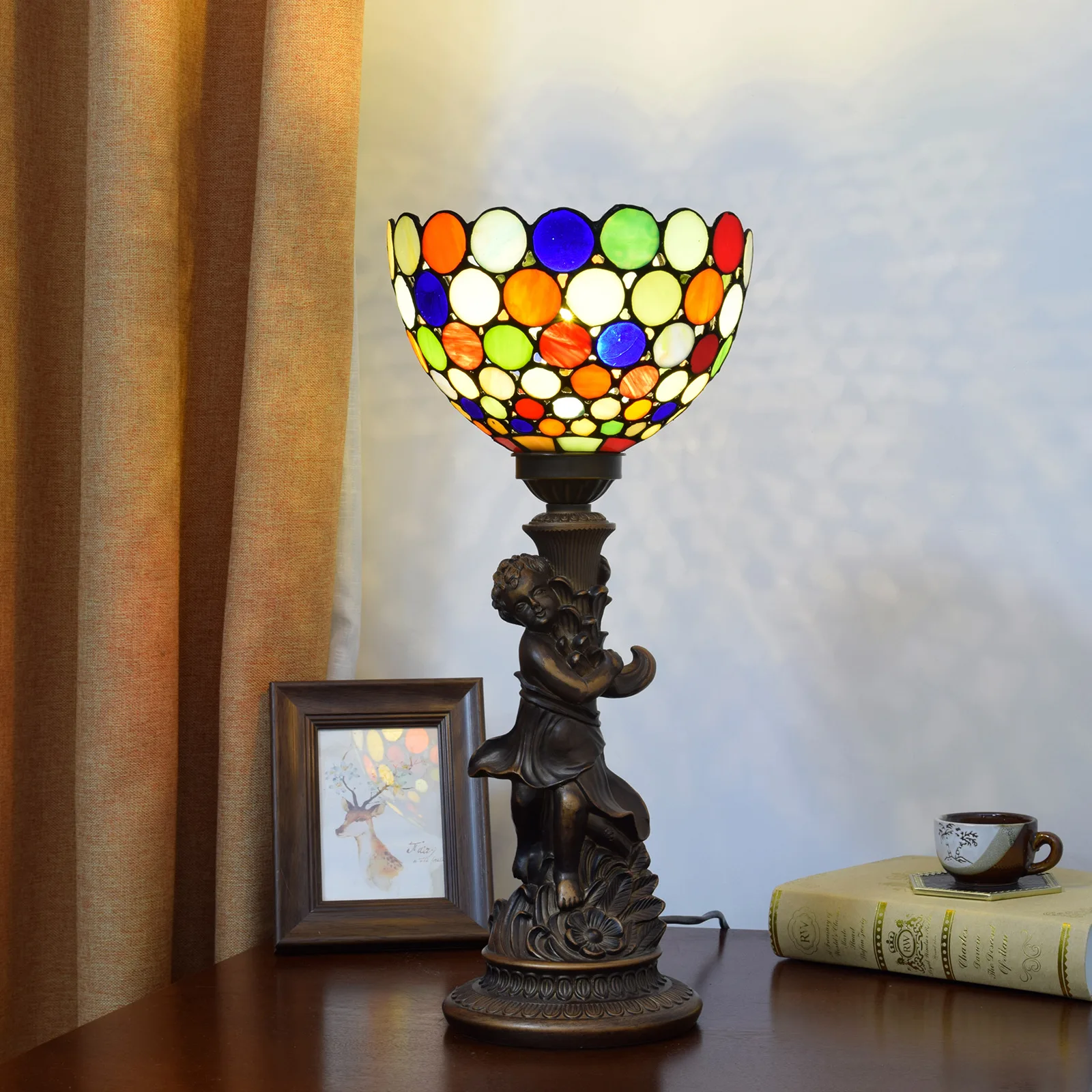 

Dia20cm Colorful Round Little Boy Stained Glass Restaurant Bar Desk Decorative Table Lamp Bedroom Bedside Light