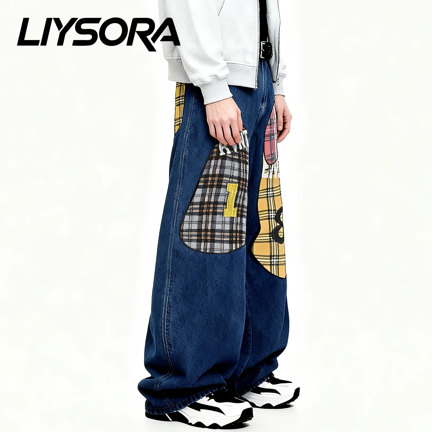 الرجال الموضة الأزرق الرجعية فضفاض واسعة الساق الجينز الكورية الشارع منقوشة التصحيح النسيج العصرية العلامة التجارية فضفاض الدنيم السراويل للجنسين الملابس #5