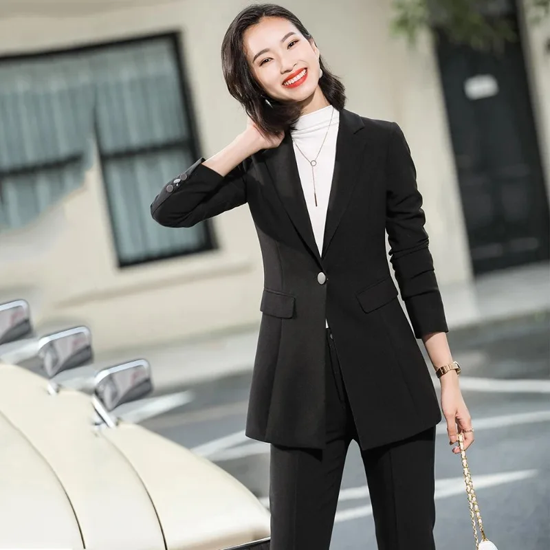 

Women Ladies Work Pant Suit 2 Piece Set Blazer+Trousers S-5XL Plus Size Apricot Black Single Button Slim Business Jacket Coat