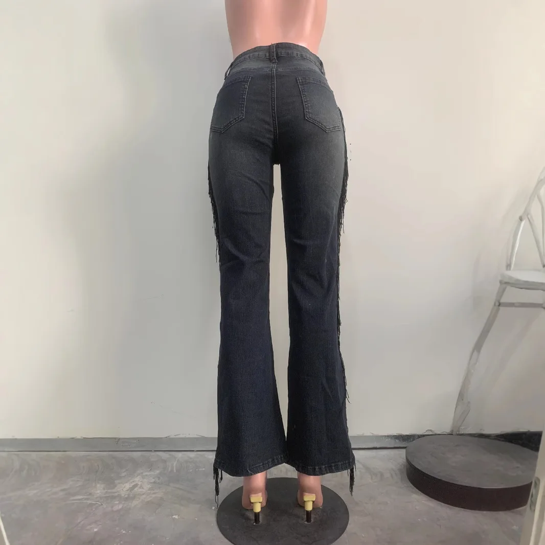 Jean droit en Denim pour femmes, fermeture éclair, taille haute, pantalon délavé, pompon épissé, ample, décontracté, longueur cheville