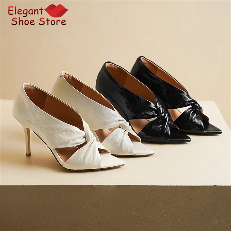 Women's Genuine Leather Pleated High Heels Summer New Sexy Open Toe Knot Hollow Stiletto Pumps Fashion Party Dress Shoes