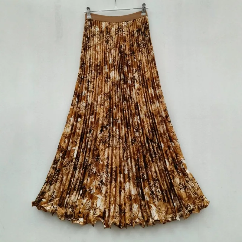 2026 Fashion Sweet Spring Summer Printed Pleated Skirt Women's Chiffon Maxi Skirts Elastic-waist Casual Big-hem A-line Skirts