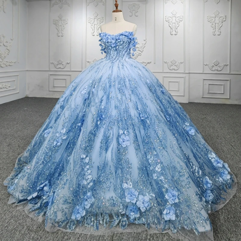 

Sky Blue Shiny Quinceanera Dresses Ball Gown Off The Shoulder Sequin Applique Flower Beading Crystal Tull Sweet 16 Dress Vestido