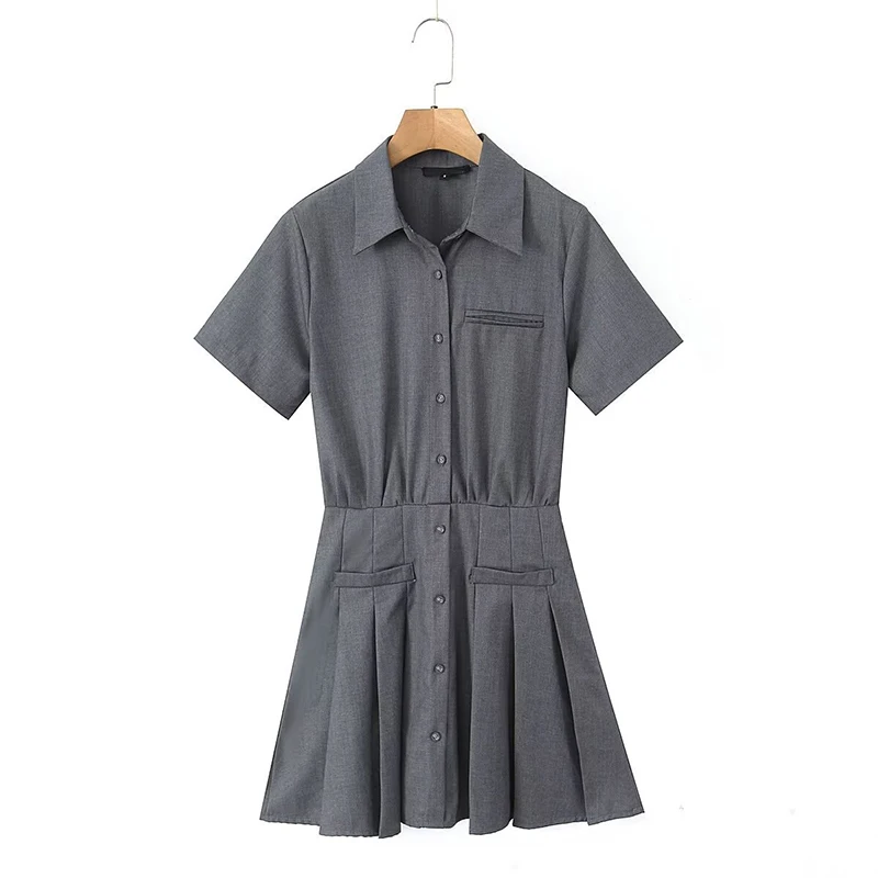 

YENKYE Summer Women Gray Lapel Short Sleeve Shirt Dress Retro Girl Front Buttons Up Slim Waist Pleated A-line Mini Dresses