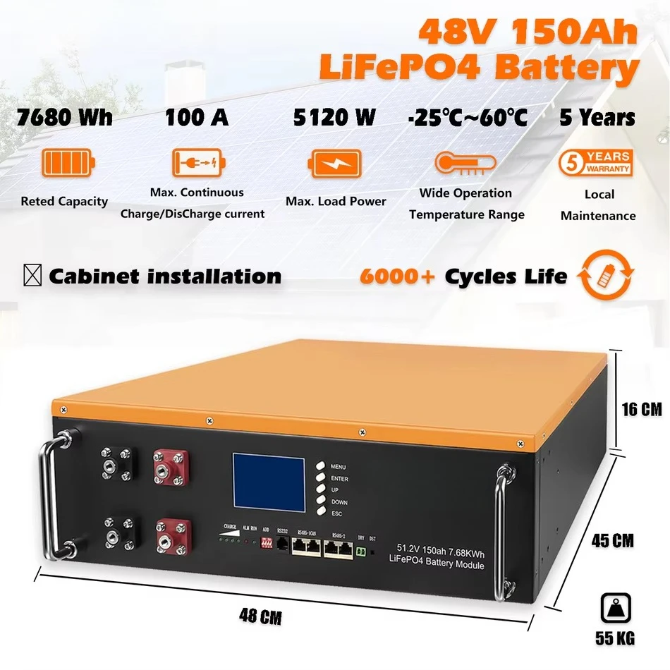 Solar Lithium Storage Battery 48v 150ah Lifepo4 48v Deep Cycle Battery 51.2v Power Wall Rv Camp Lipo Battery
