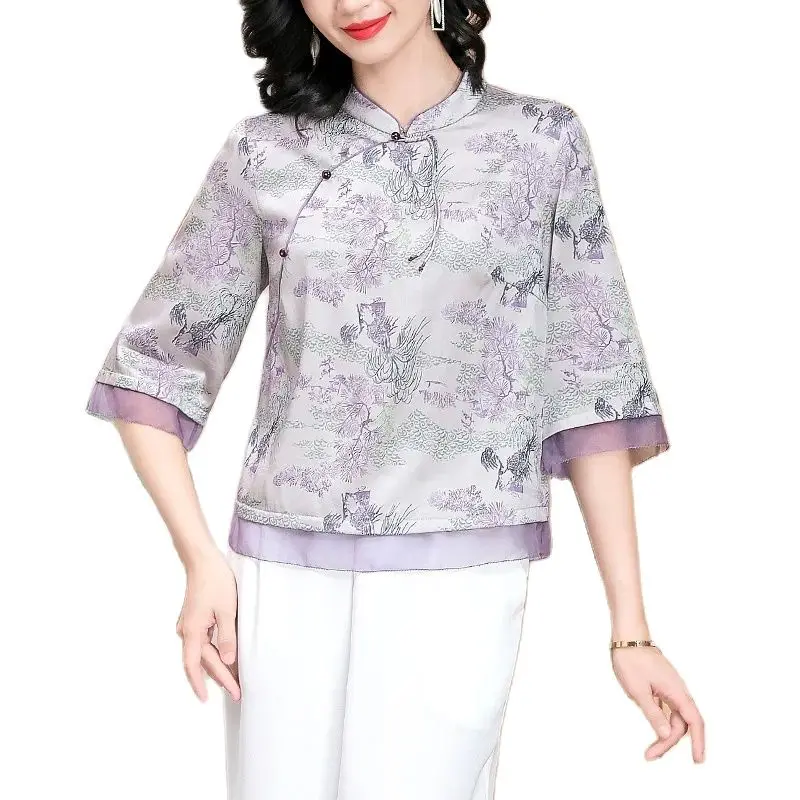 BirdTree-chemise élégante pour femmes, blouse 92% authentique à manches mi-longues imprimée, blouse de caractère chinois rétro, T456SpringQC, collection été 2024