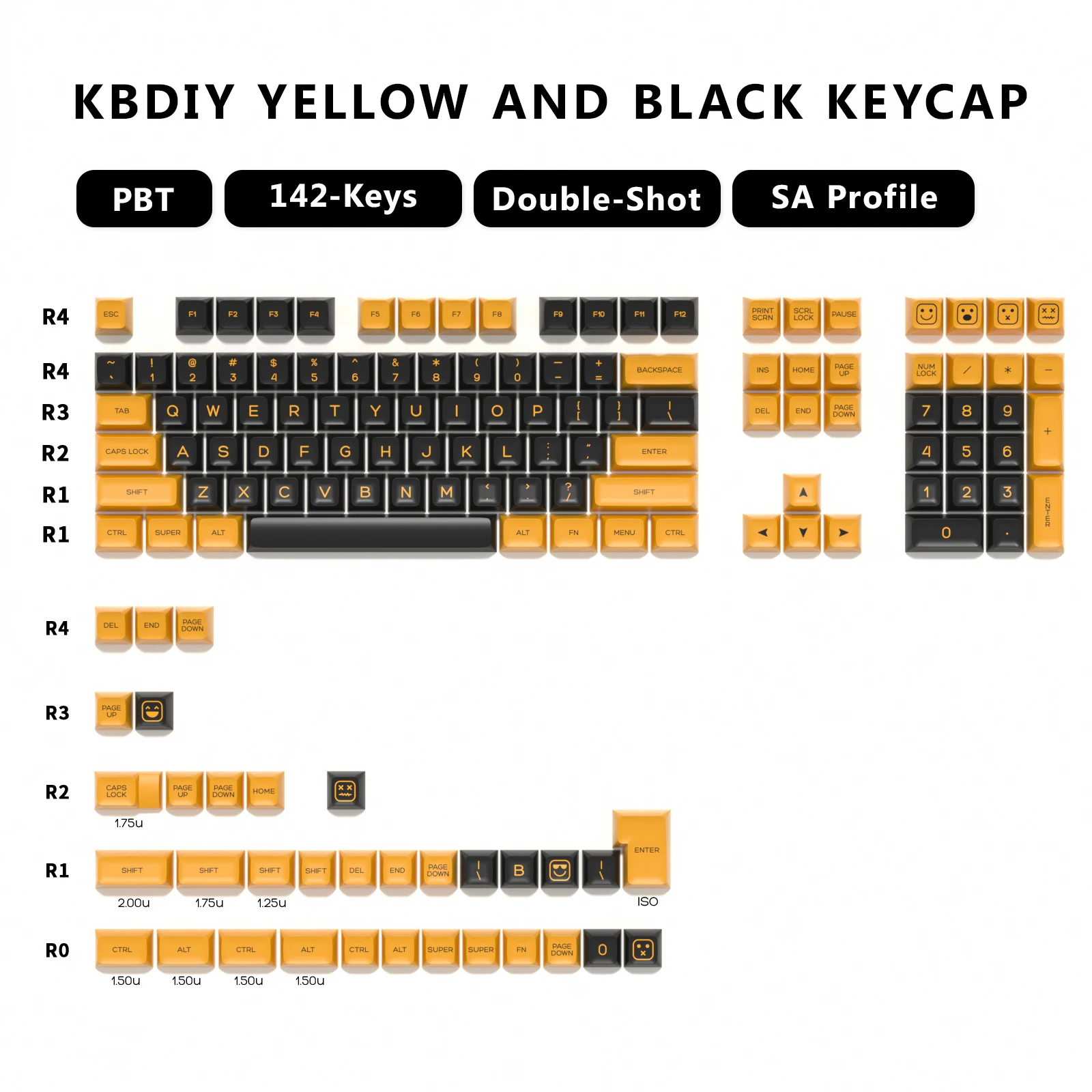 KBDiy 141 Keys SA Profile Keyboard Keycap Set PBT Black and Yellow Keycaps Custom Double Shot ISO for MX Switch GMK64 67 87 980