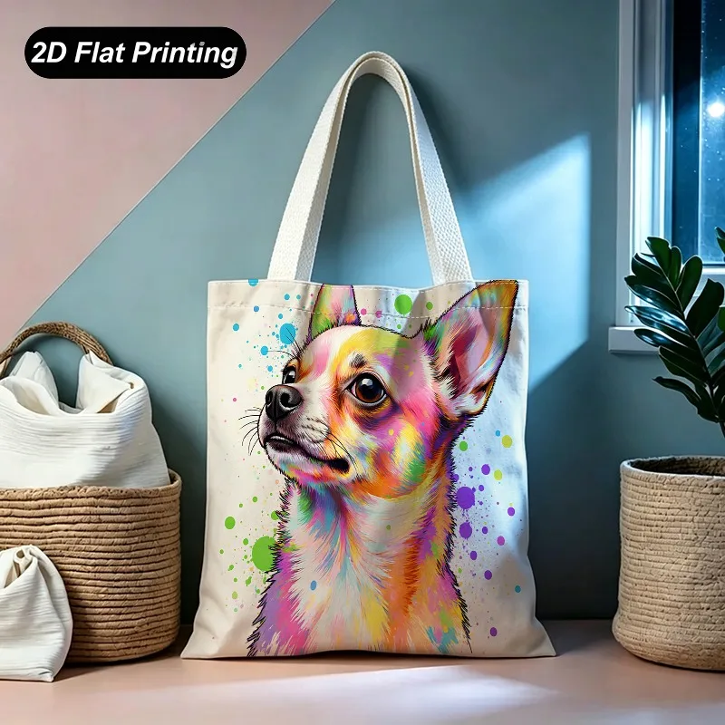 1PC【Tote Bag】2D Flat effect，Tote bag with a colorful splatter-paint style Chihuahua pattern，Lightweight and large capacity，Adapt