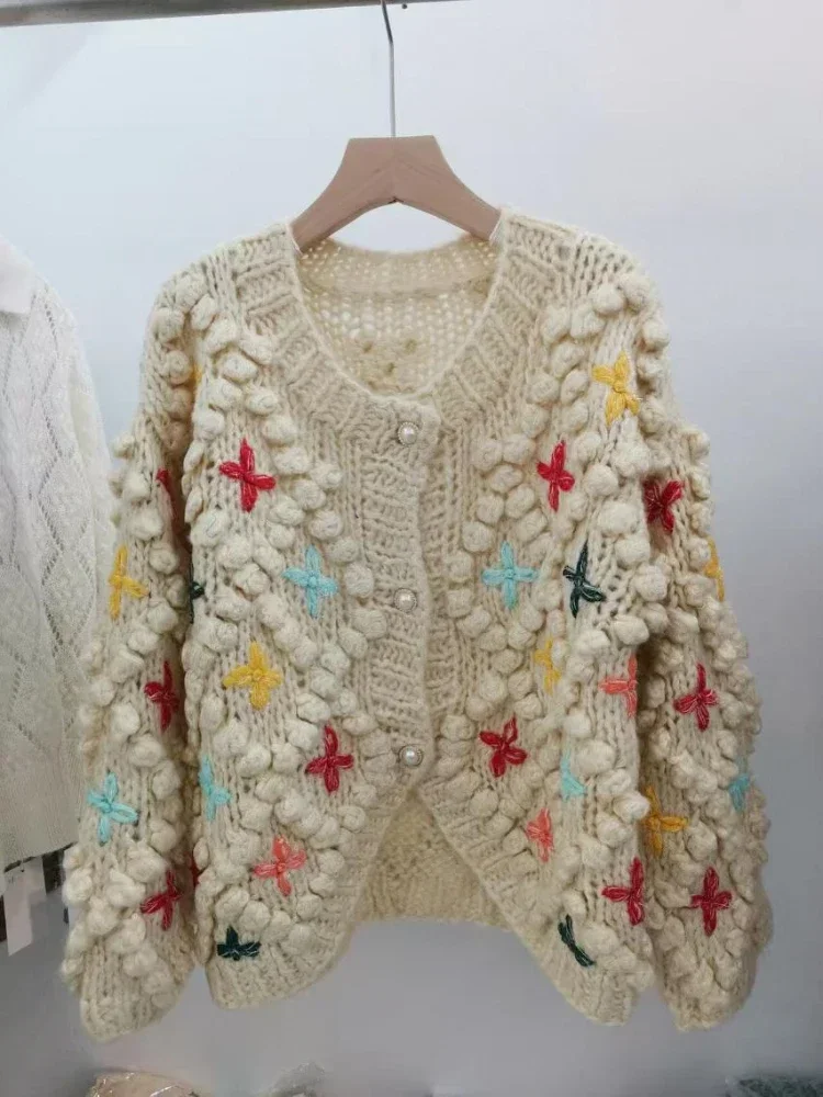 Women Handmade Knitted Embroidered Flower Bobble Cardigan Twist Chunky Sweater2024 WIinter Coat Pullover