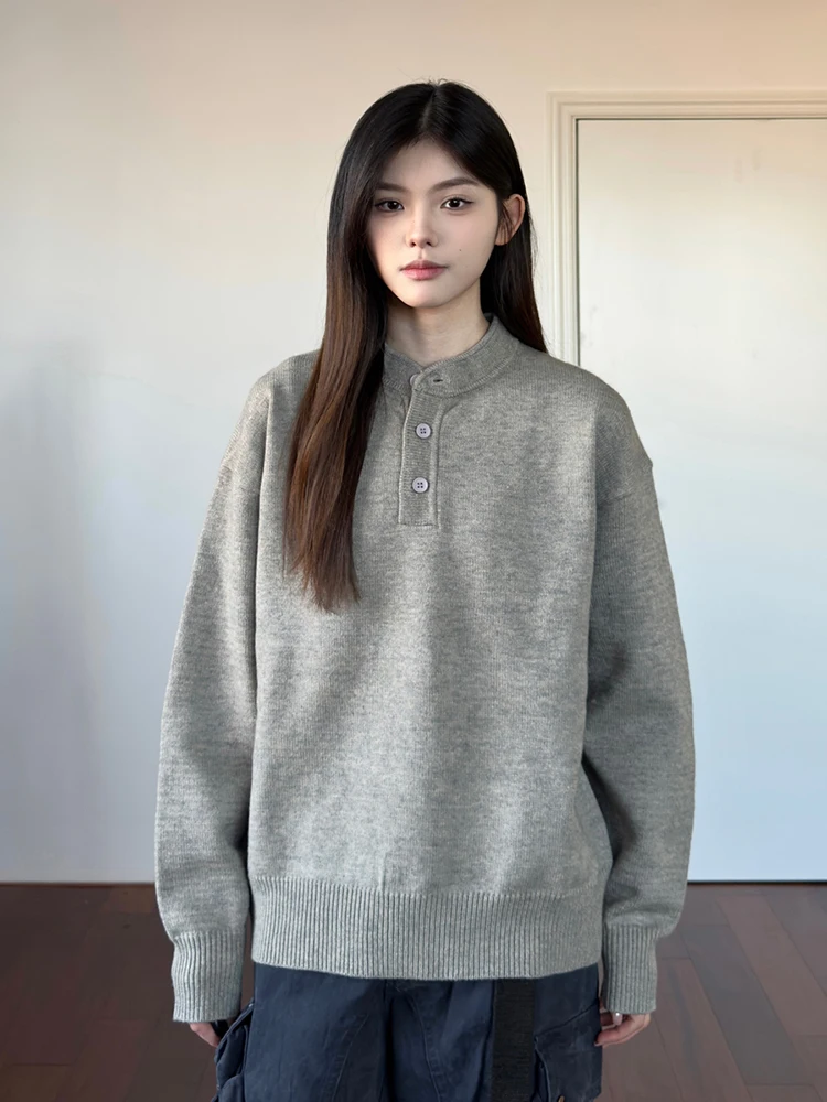 

Мужской вязаный свитер в американском ретро-стиле с воротником-стойкой, зимний, повседневный, свободного кроя, из шерсти, для ношения под одеждой, с эффектом высокого класса