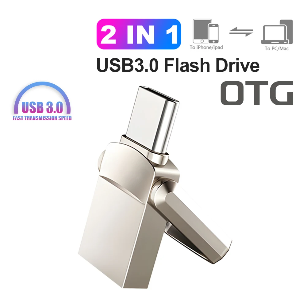 فلاش ميموري لينوفو ميني USB 2 في 1 بسعات 32 جيجابايت و64 جيجابايت و128 جيجابايت و256 جيجابايت و512 جيجابايت، عالي السرعة، OTG، نوع C، للاستخدام مع الهاتف والكمبيوتر