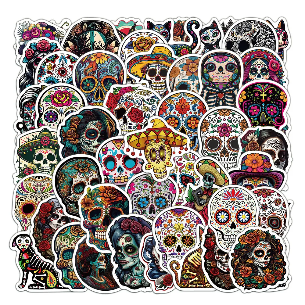 50PCS Cartoon Skull Scary Waterproof Decorative Stickers Day of the Dead Decorative DIY Stickers