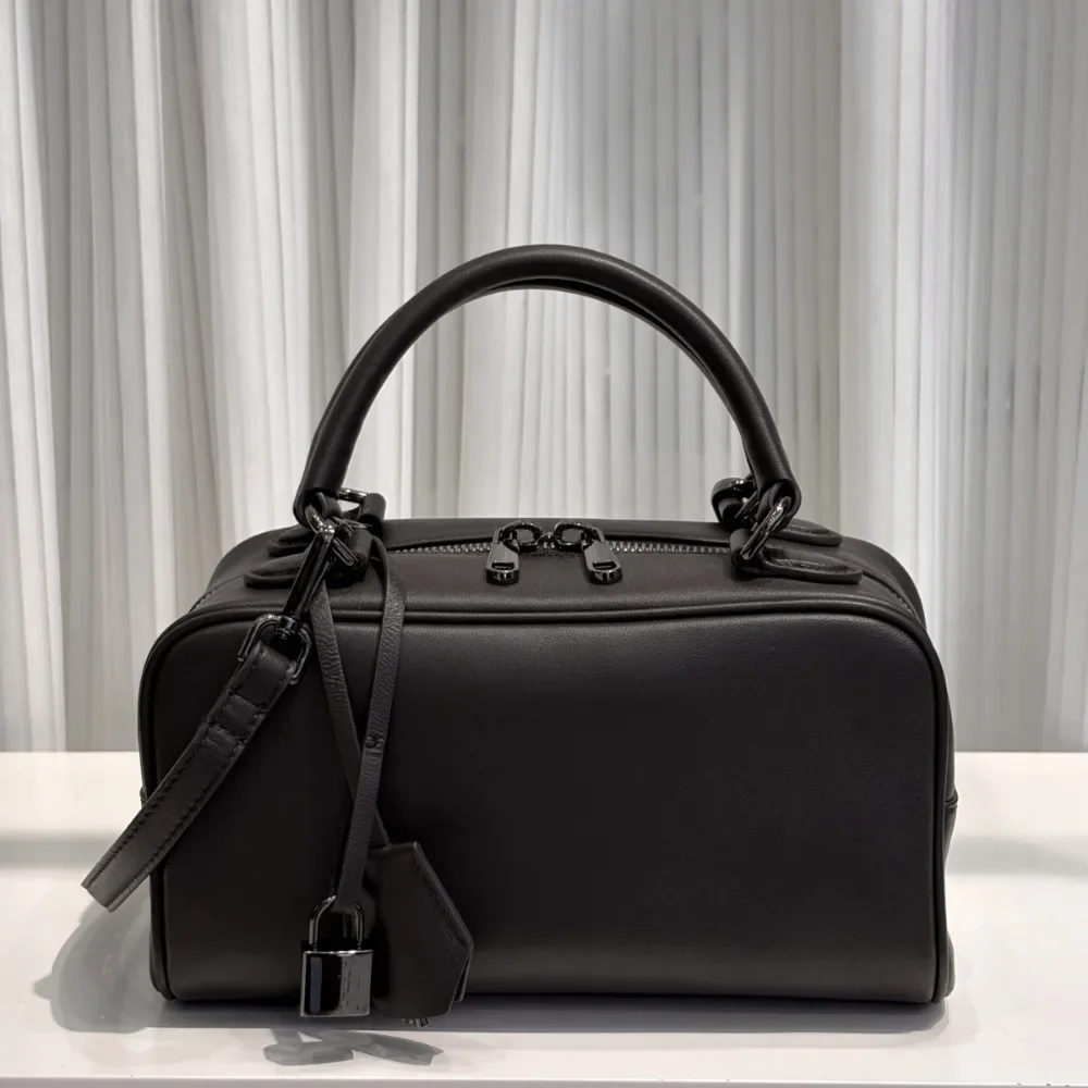2025 Light Luxury Bowling Handheld Oblique Span Shoulder Bag Stylish Locked Boston Bag Inside Outside Sheepskin High Quality