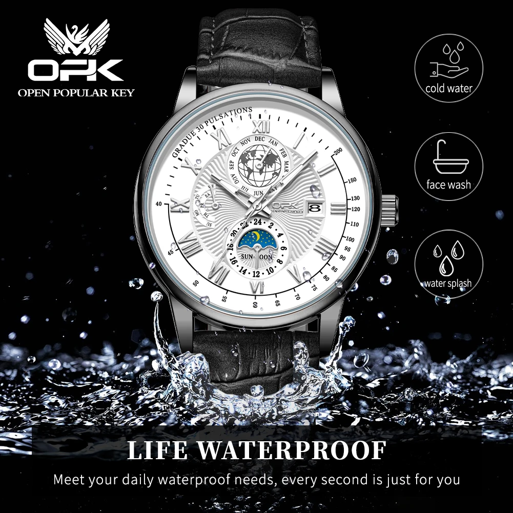 Opk-メンズ防水時計、ブランドストラップ、ナイトライト、8153