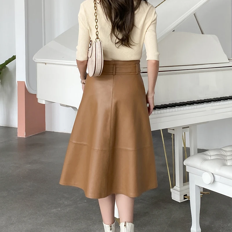 Long Skirts for Women Genuine Leather Plus Size Slim Khaki/Black Skirt Soft Sheepskin Belt Pocket A-Line Jupes Femme Streetwear