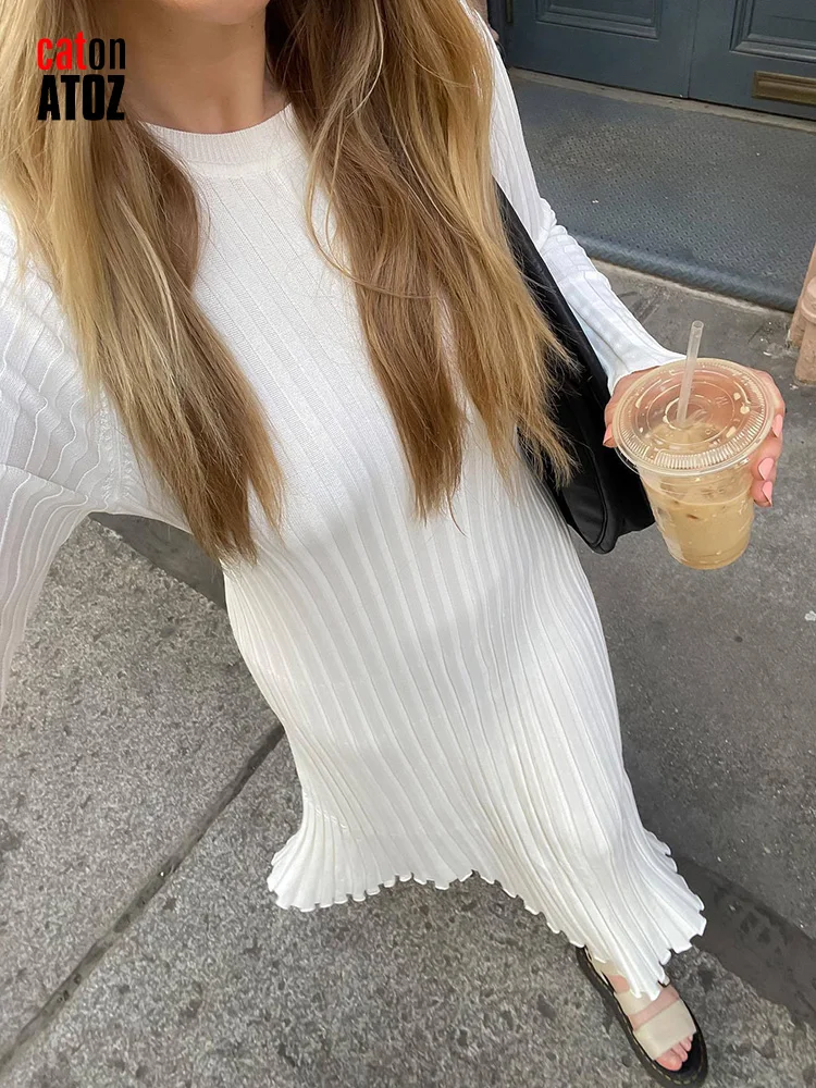 Women\'s Solid Ribbed Knit Tie Waist Dress 2023 Autumn Winter Warm White Vintage Knitted Dress Elegant Female Sweater Dress 2993