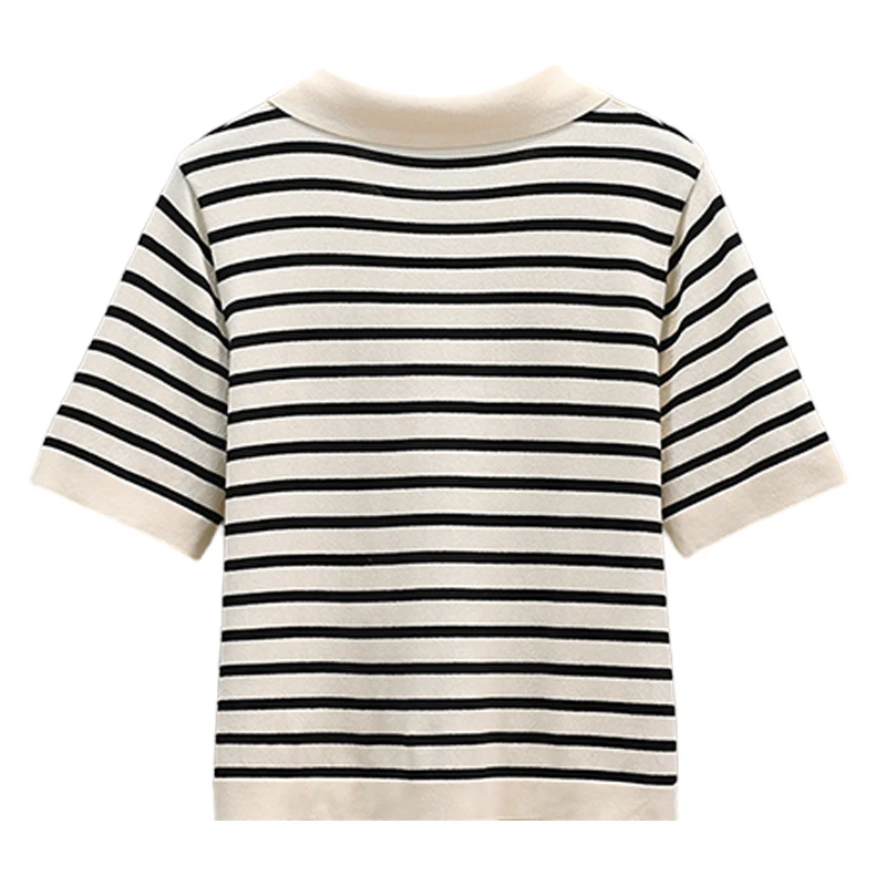 plus Size Striped Knitted Short Sleeve T-Shirt Women Summer Fashion Asymmetrical Shirt Top for Pear Shaped Body 4