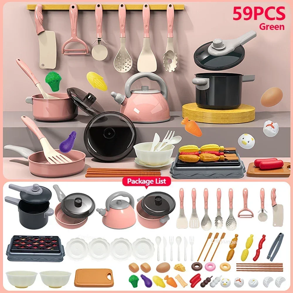 Kinderen Keuken Speelgoed Set 92/86/69/59PCS Spelen Keuken Accessoires Kit met Speelpotten Pretend Voedsel Koken Speelgoed Peuter Meisjes Jongen Gift
