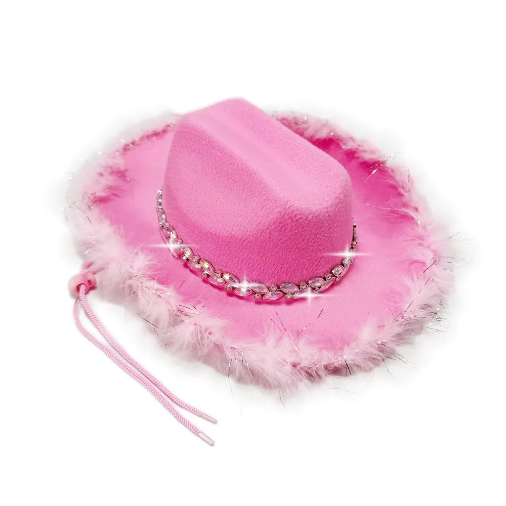Chapeau de Cowboy pour enfants, chapeau à bord de plumes en feutre, chapeau de fête d'anniversaire, casquette de Costume de spectacle scintillant pour spectacle de mariage Disco