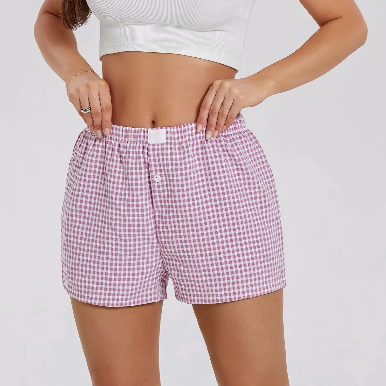 Summer Womens Retro Fashion Plaid Print Elastic Low Waist Button Front Aesthetic Vintage Lounge Shorts Boxers Streetwear