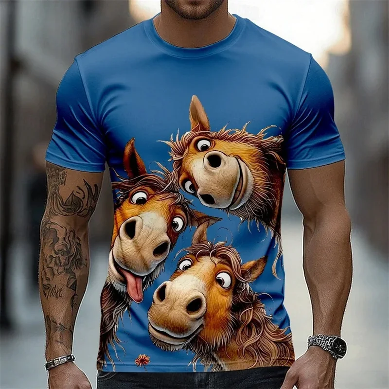 Funny 3 Donkey Selfie 3D Print T-Shirt Cute Cartoon Animal Graphic Tee Black Background Casual Round Neck Short Sleeve Shirt