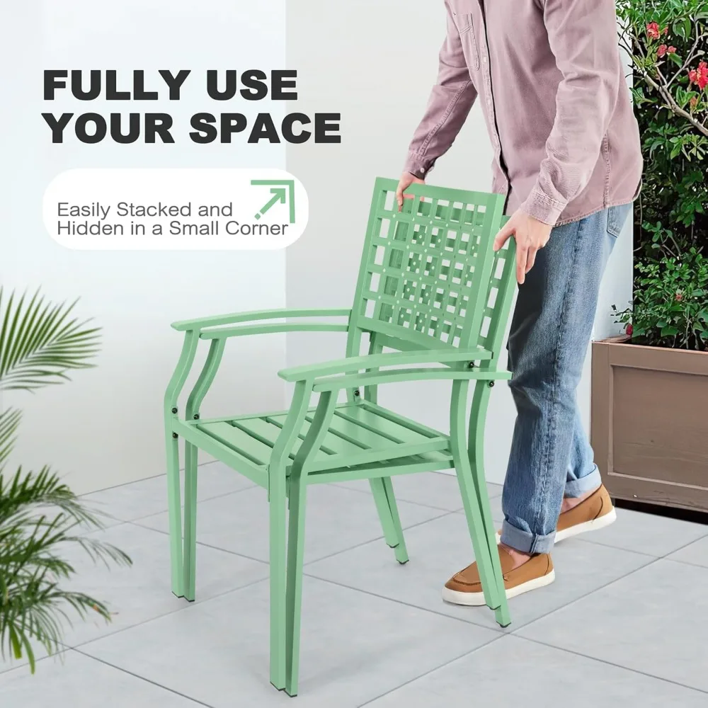 مجموعة أثاث الفناء الخارجي لجميع الأحوال الجوية - بيسترو مكون من 3 قطع مع كراسي معدنية قابلة للتكديس وطاولة مربعة، مقاومة للماء ومتينة #5