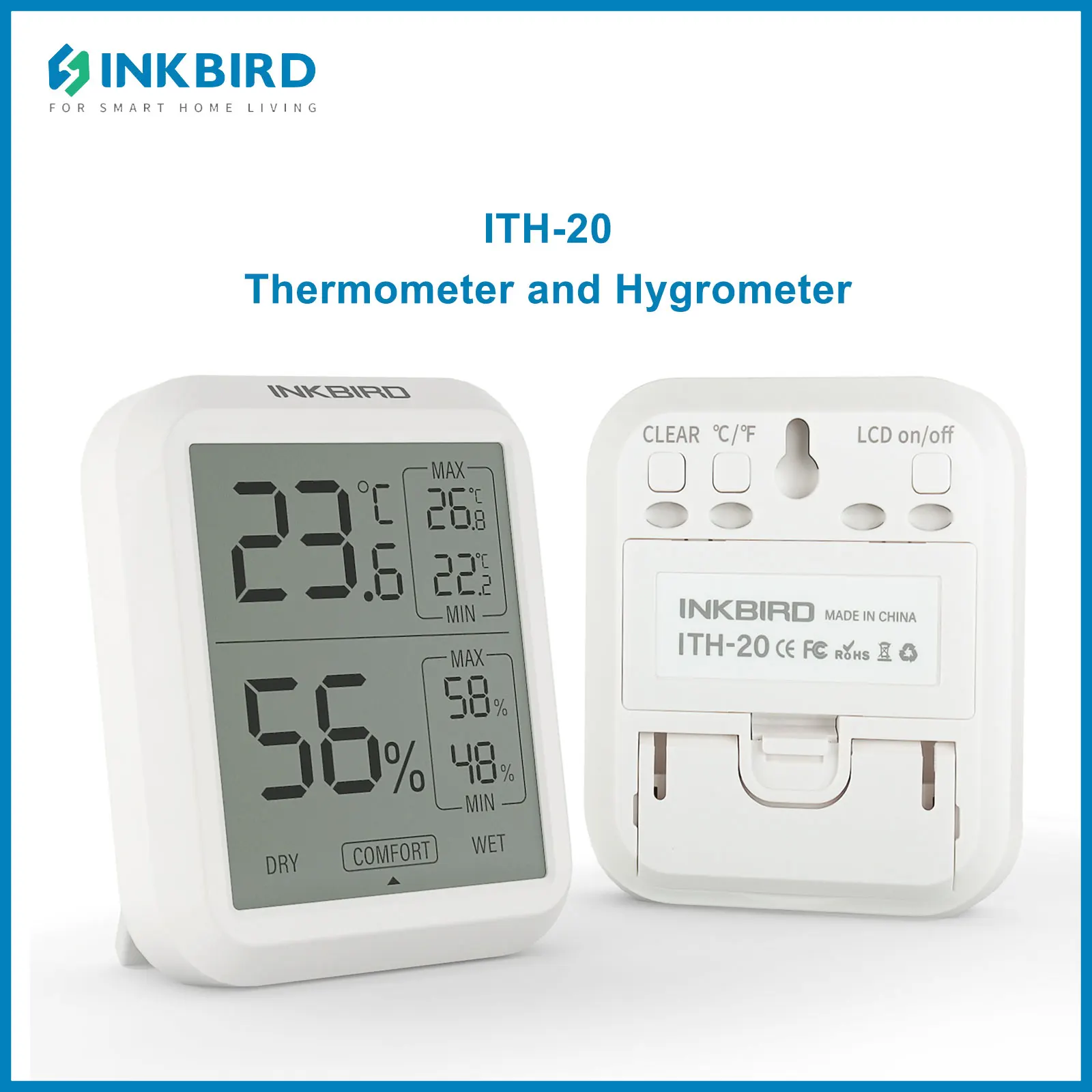 INKBIRD ITH-20 miernik temperatury i wilgotności ekran LCD cyfrowy termometr i higrometr z trzema stopniami dla jakości powietrza