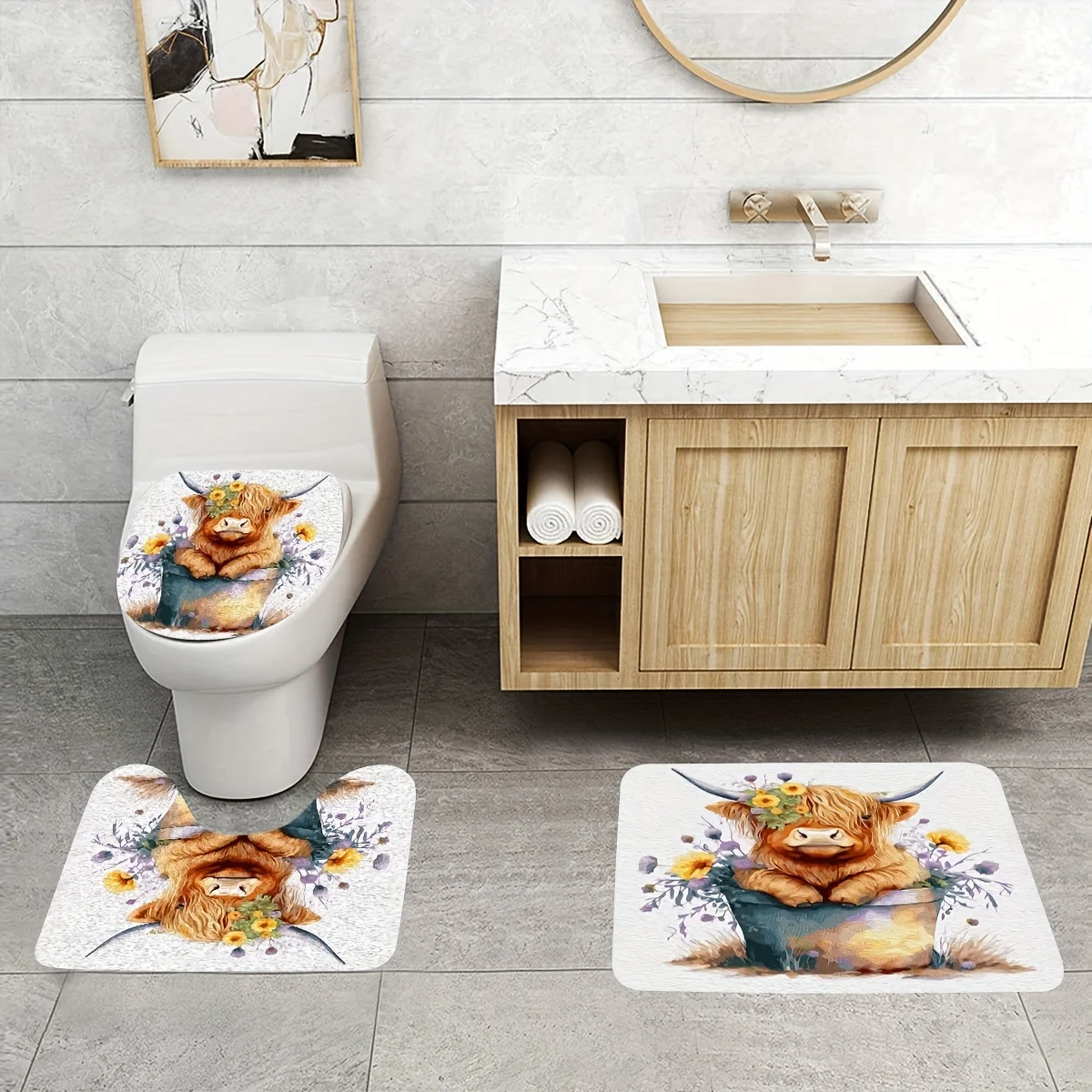 Bathroom setEnsemble de rideaux de douche Highland Cow  rideau à œillets, thème bétail, pastChev, polyester,