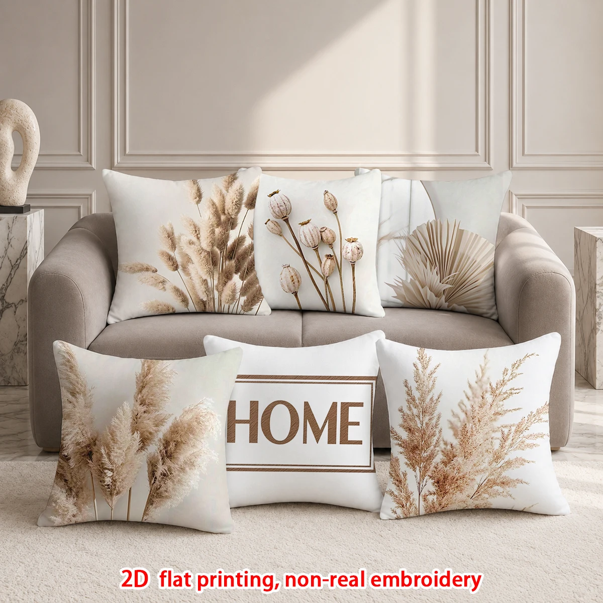 6-teiliges Boho Pampasgras Kissenbezug-Set in Neutralen Tönen Wohndekor Kissenhüllen für Sofa Schlafzimmer Wohnzimmer